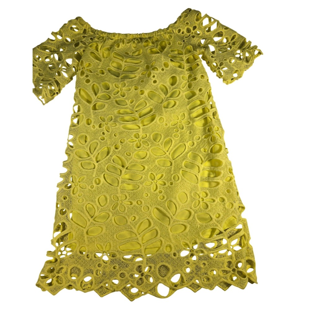 PrettyGarden Neon Yellow Floral Crochet Lace Off Shoulder Mini Dress Medium 7005